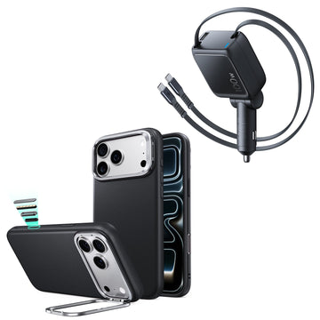iPhone 18 Pro Atelier Vegan Leather Magnetic Case with Camera Control and Flex Stand, Plus Xtend 100W Retractable Car Charger Bundle - Black
