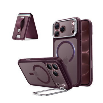 iPhone 18 Pro Classic Hybrid Magnetic Case with Camera Control and Flex Stand, Plus Geo Wallet Stand Bundle - Burgundy