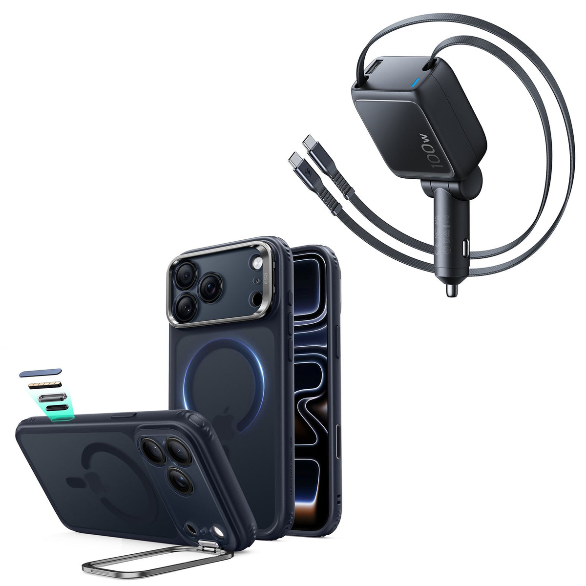 iPhone 18 Pro Classic Hybrid Magnetic Case with Camera Control and Flex Stand, Plus Xtend 100W Retractable Car Charger Bundle - Frosted Blue