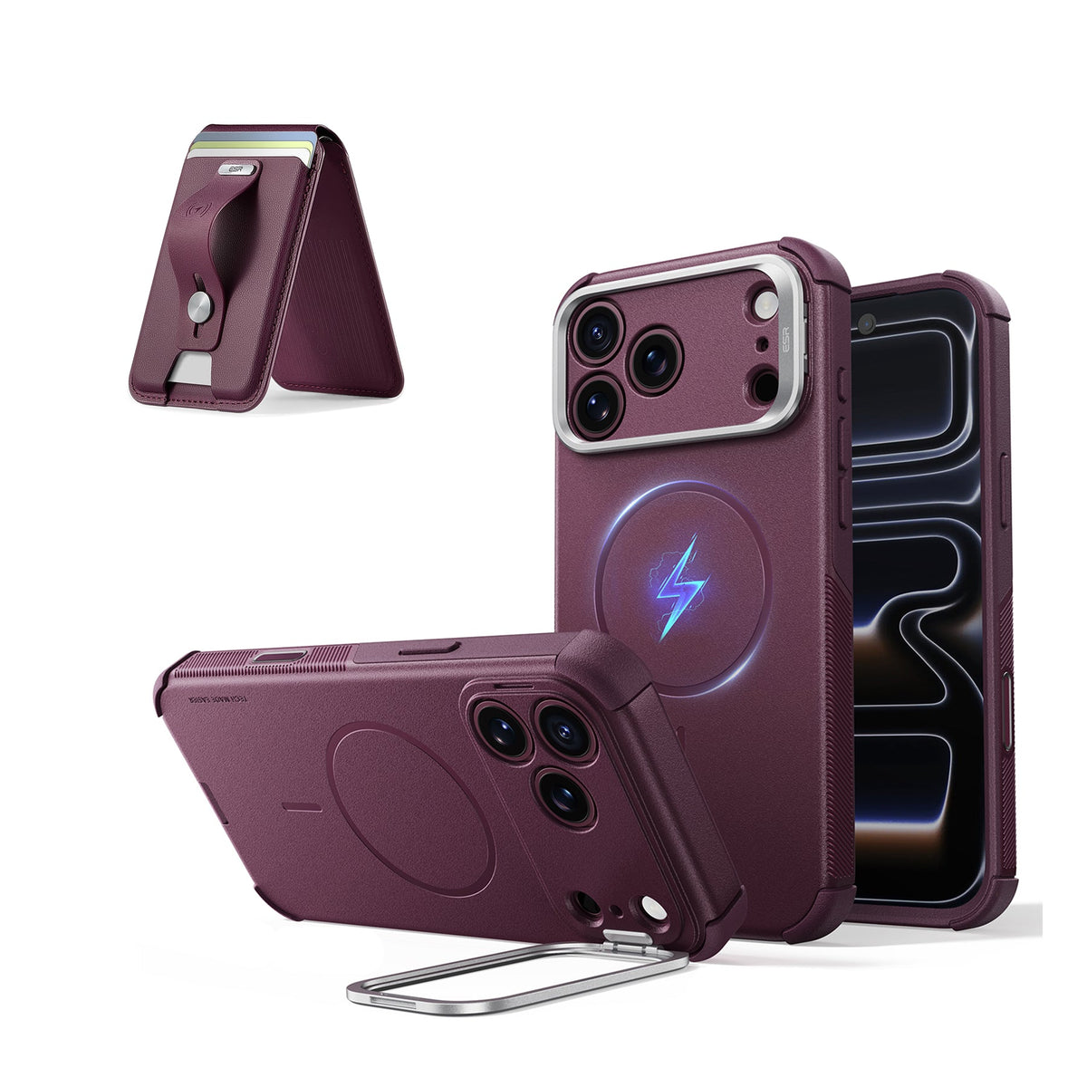iPhone 18 Pro Cyber Tough Magnetic Case with Camera Control and Flex Stand, Plus Geo Wallet Stand Bundle - Deep Burgundy