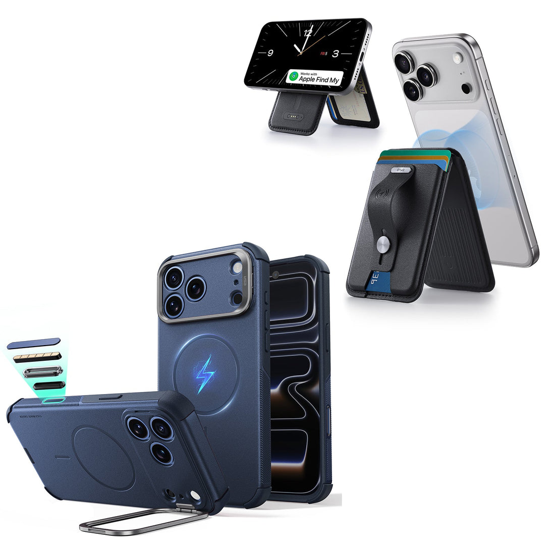 iPhone 18 Pro Cyber Tough Magnetic Case with Camera Control and Flex Stand, Plus Geo Wallet Stand Bundle - Navy Blue