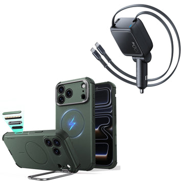 iPhone 18 Pro Cyber Tough Magnetic Case with Camera Control and Flex Stand, Plus Xtend 100W Retractable Car Charger Bundle - Olive Green