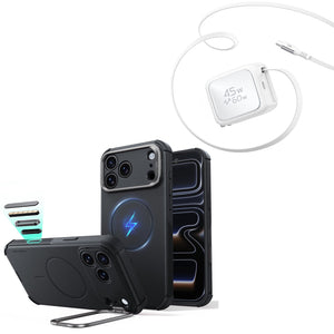 iPhone 18 Pro Cyber Tough Magnetic Case with Camera Control and Flex Stand, Plus Xtend 45W Retractable Charger Bundle - Black