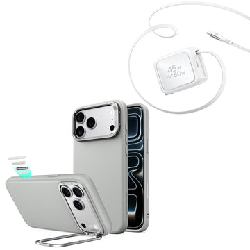 iPhone 18 Pro Max Atelier Vegan Leather Magnetic Case with Camera Control and Flex Stand, Plus Xtend 45W Retractable Charger Bundle - Gray