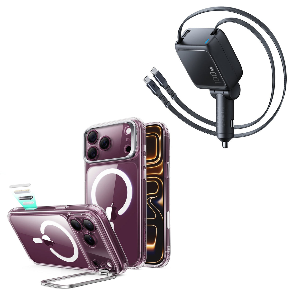 iPhone 18 Pro Max Classic Hybrid Magnetic Case with Camera Control and Flex Stand, Plus Xtend 100W Retractable Car Charger Bundle - Clear