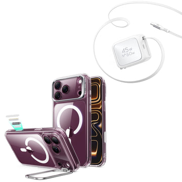 iPhone 18 Pro Max Classic Hybrid Magnetic Case with Camera Control and Flex Stand, Plus Xtend 45W Retractable Charger Bundle - Clear