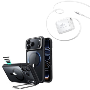 iPhone 18 Pro Max Classic Hybrid Magnetic Case with Camera Control and Flex Stand, Plus Xtend 45W Retractable Charger Bundle - Clear Black
