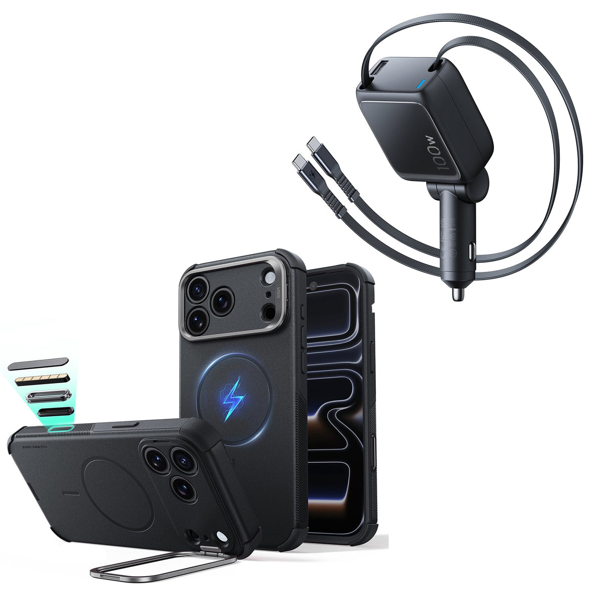 iPhone 18 Pro Max Cyber Tough Magnetic Case with Camera Control and Flex Stand, Plus Xtend 100W Retractable Car Charger Bundle - Black