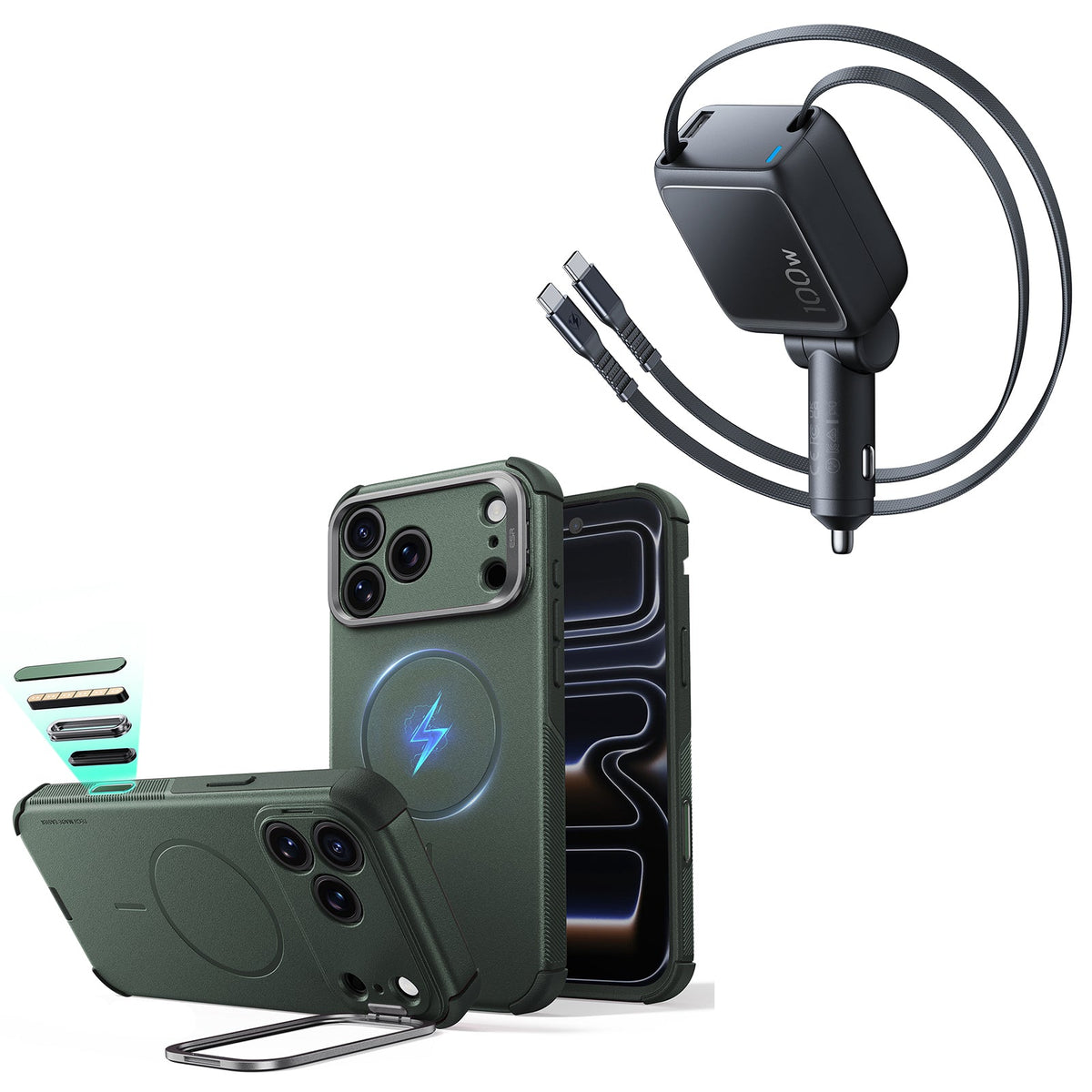 iPhone 18 Pro Max Cyber Tough Magnetic Case with Camera Control and Flex Stand, Plus Xtend 100W Retractable Car Charger Bundle - Olive Green